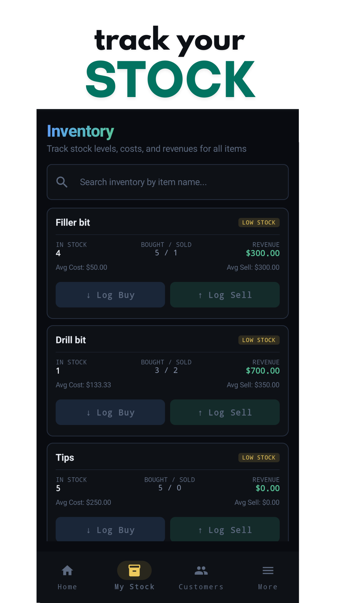 Inventory and stock tracking screen